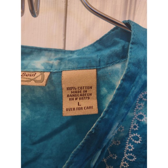 Art and Soul - Boho Tunic Large 3/4 Sleeve Tie-Die Turquoise/White Smocked Front - Picture 5 of 8
